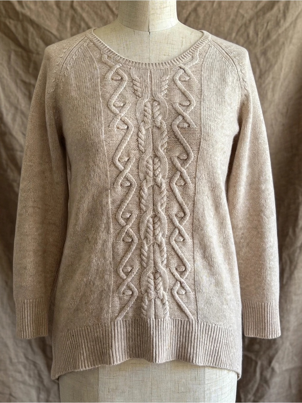 Garnet Hill 100% Cashmere Cable-Knit Tunic Sweater Oatmeal Beige Size S